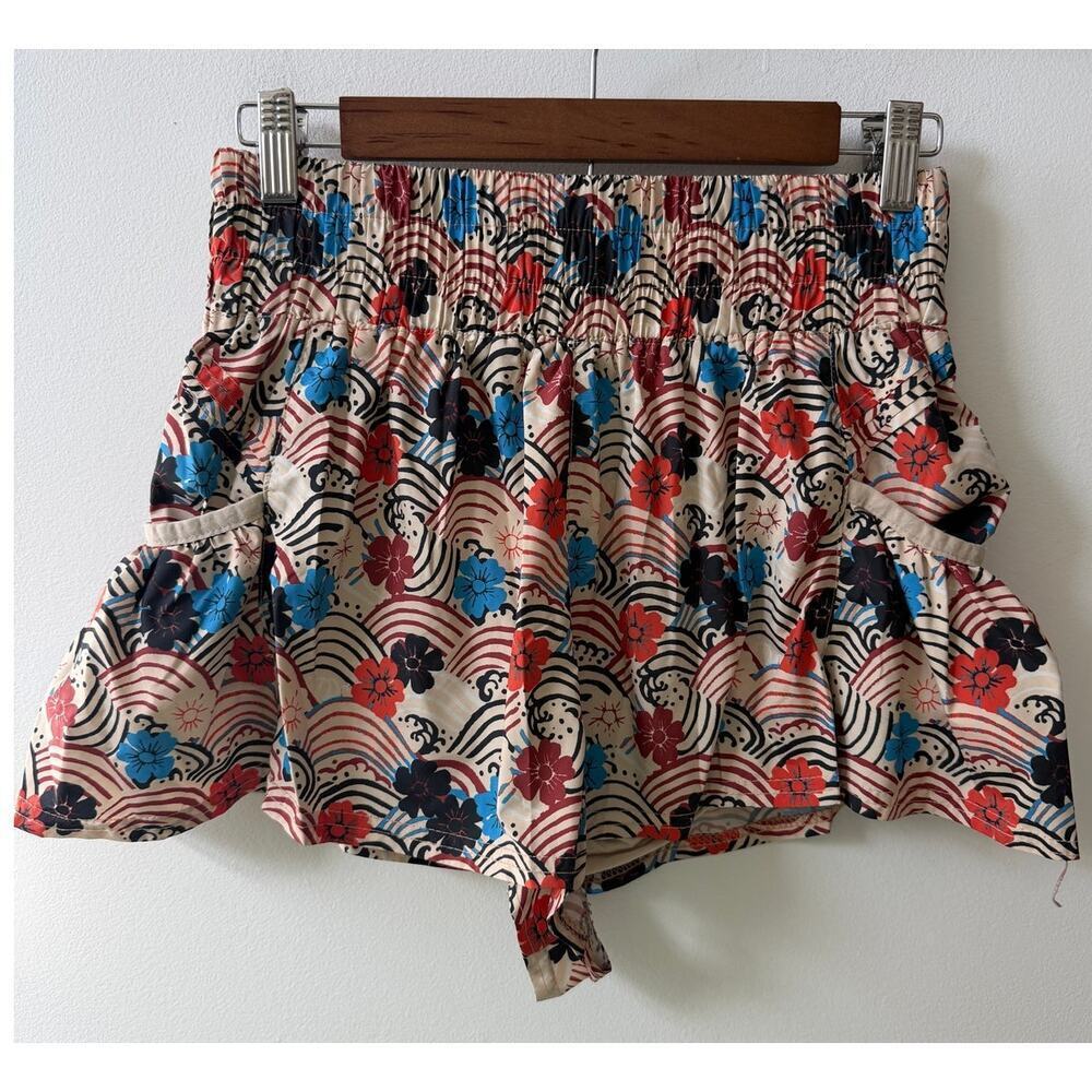 Free People Floral Wave Print Smocked Waist Shorts in Beige, Blue, Red, Black